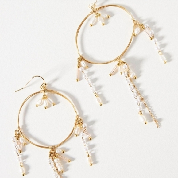 Anthropology Loops with faux pearls Boho Feminine Gold  Earrings - Picture 1 of 4